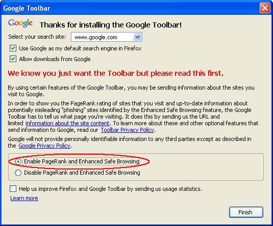 Google Toolbar Setup Screen