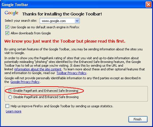 Google Toolbar Setup Screen