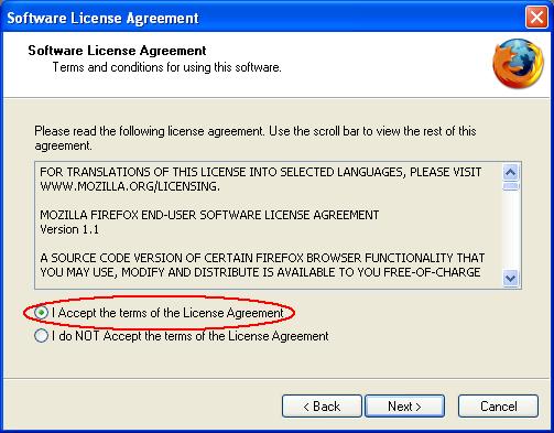 Firefox License Agreement Screen