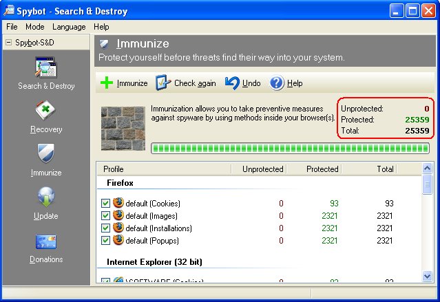 Spybot - Search & Destroy - Immunize Screen - After Immunization