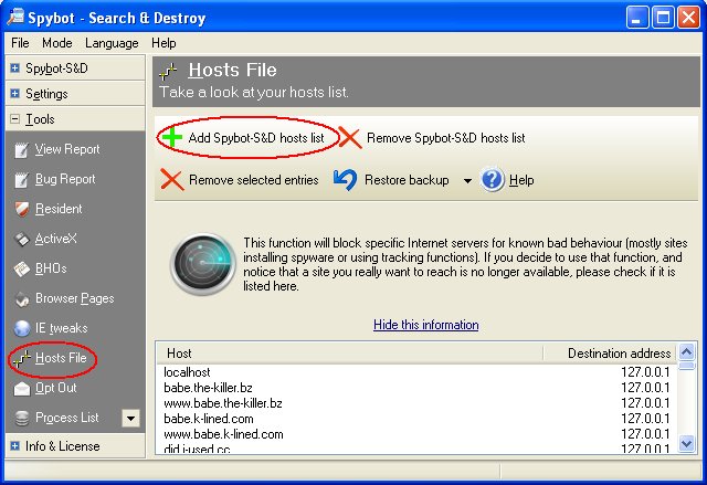 Spybot - Search & Destroy - Hosts File Screen