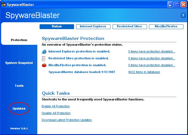 SpywareBlaster Main Screen