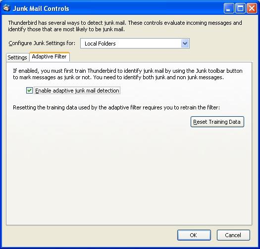 Thunderbird 1.5 Adaptive Filter Setup Screen