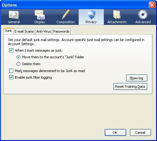 Thunderbird 2 Junk Mail Filter Setup Screen