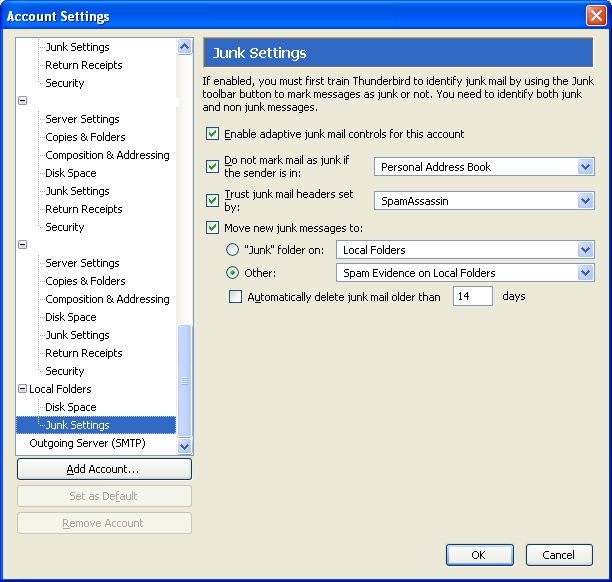 Thunderbird 2 Junk Settings Setup Screen